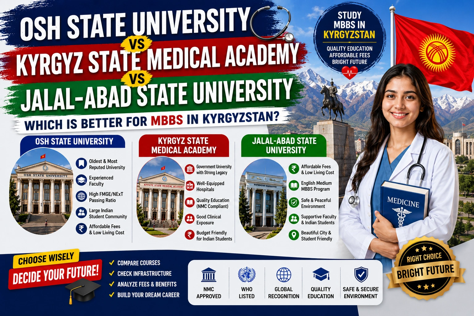 Osh State University vs Kyrgyz State Medical Academy vs Jalal-Abad State University: Which Is Better for MBBS in Kyrgyzstan